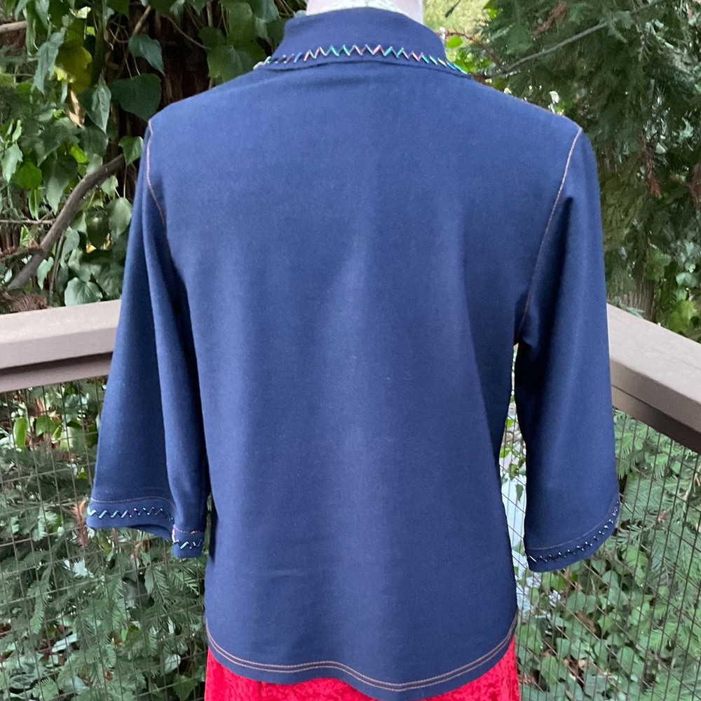 VTG  stretch Denim look blue western lightweight collared cuffs beads snap top M - Picture 11 of 12